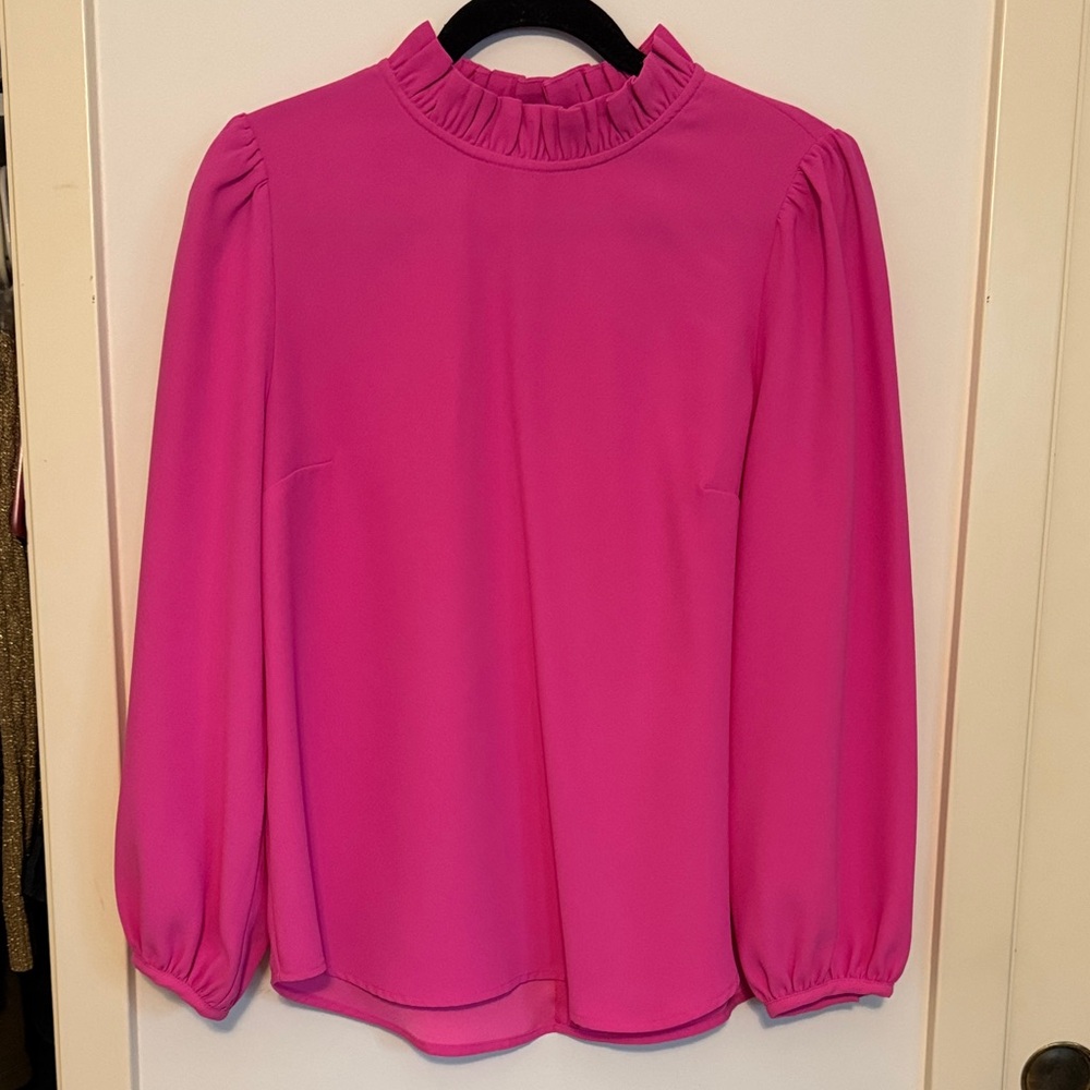 J. Crew Bright Pink Ruffle Neck Blouse